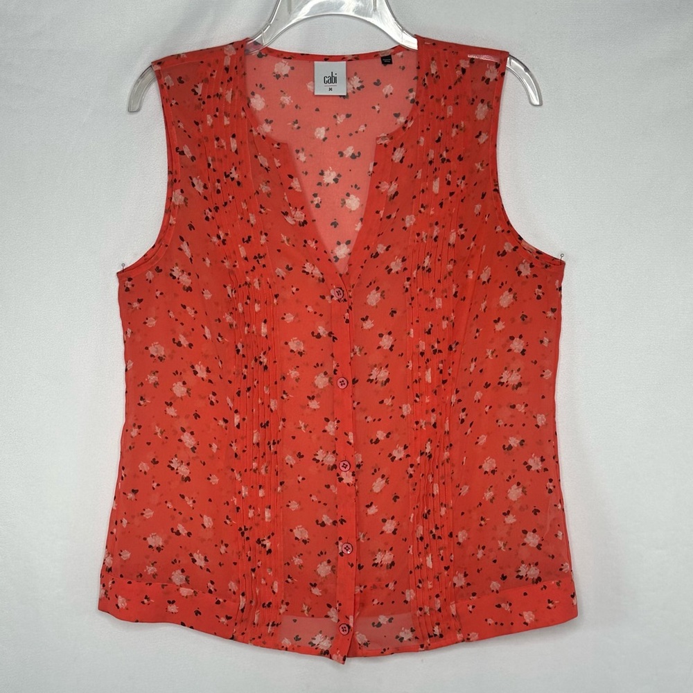 CAbi Coral Pin-tuck Sheer Blouse Button Down Boho Cottage-core Ditsy Print Sz M